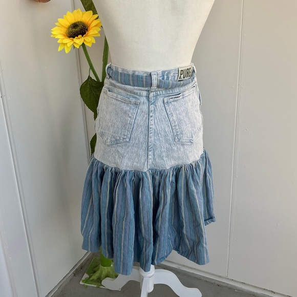 Vintage 80s 90s Acid Wash Denim and Pastel Stripes Knee Length Flowy Skirt - Picture 5 of 9